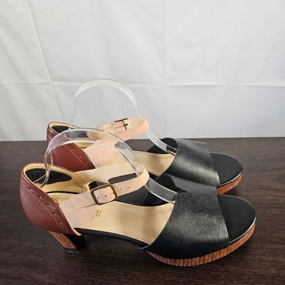 Tinstree Women’s Sandals Size 11 Black Brown Tan Ankle Strap Open Toe Block Heel - Picture 3 of 6